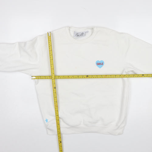 Bezo Women White Pullover Sweatshirt Medium Cotton Blend Smile Print