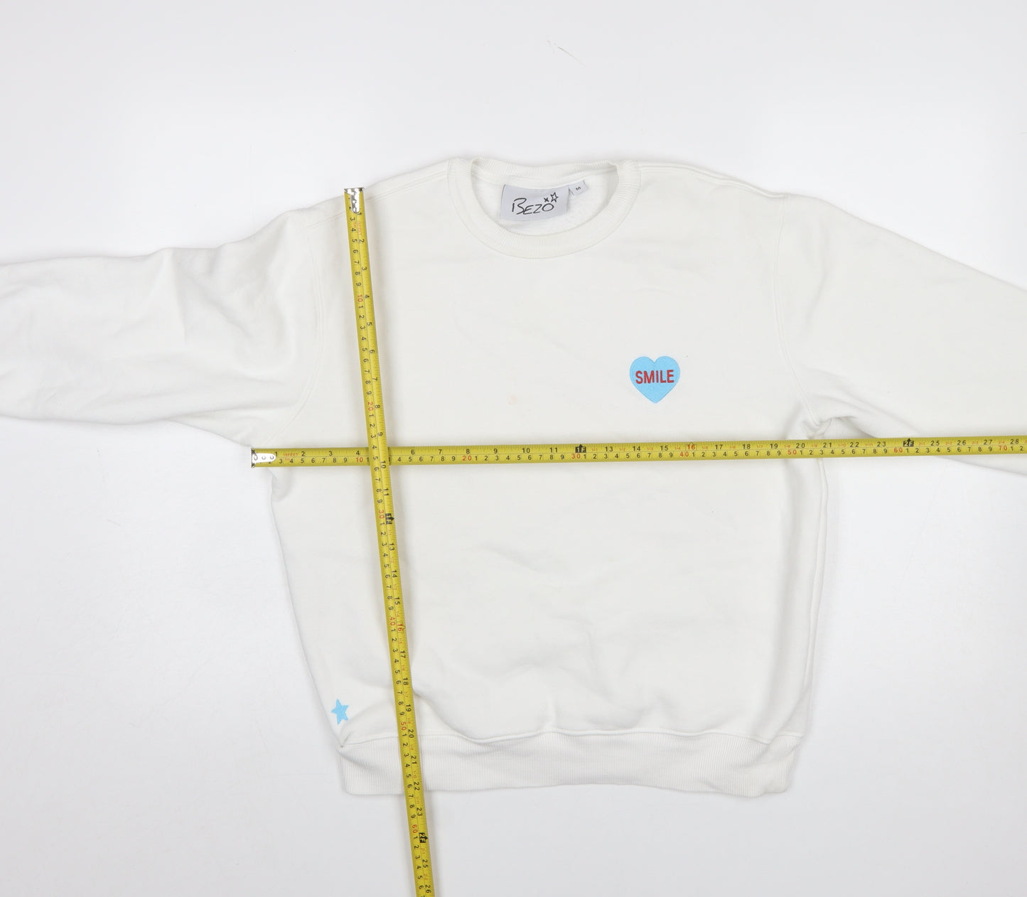 Bezo Women White Pullover Sweatshirt Medium Cotton Blend Smile Print