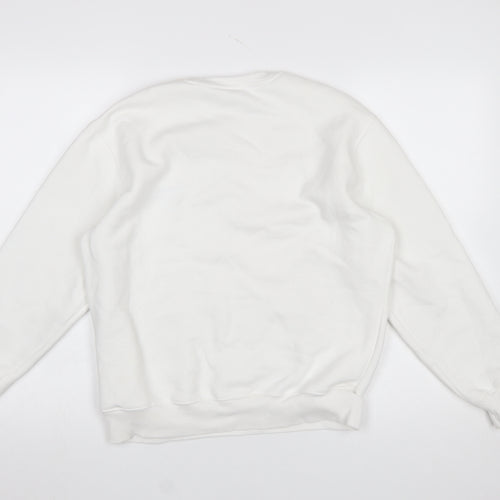 Bezo Women White Pullover Sweatshirt Medium Cotton Blend Smile Print