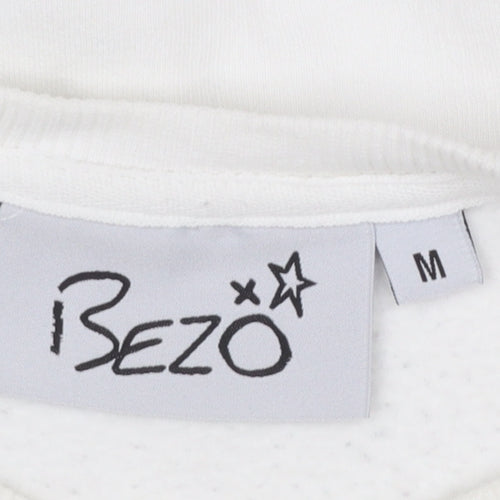 Bezo Women White Pullover Sweatshirt Medium Cotton Blend Smile Print