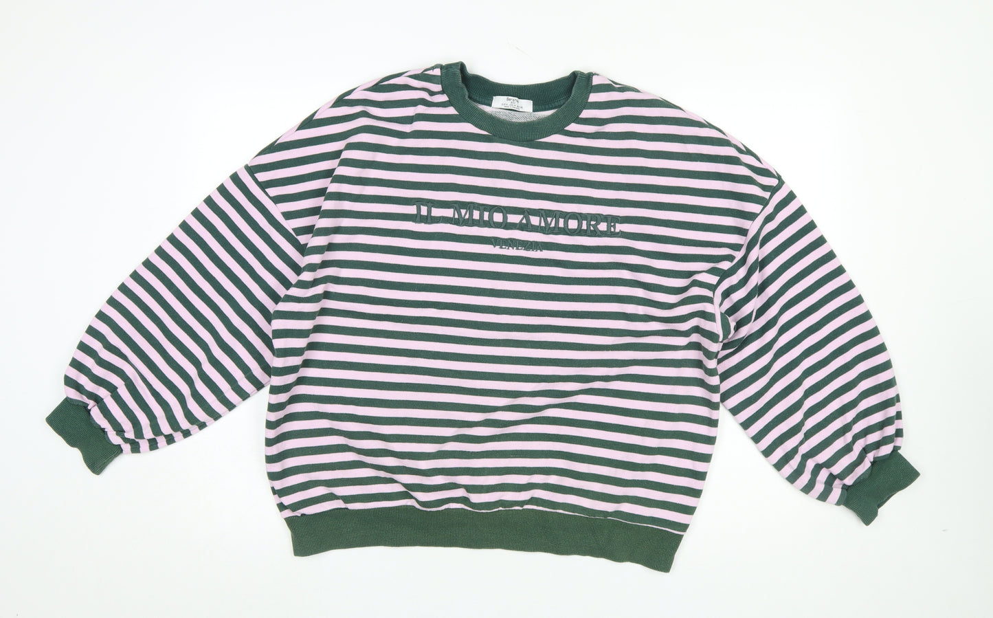 Bershka Women Green Pink Striped Pullover Sweatshirt Size M