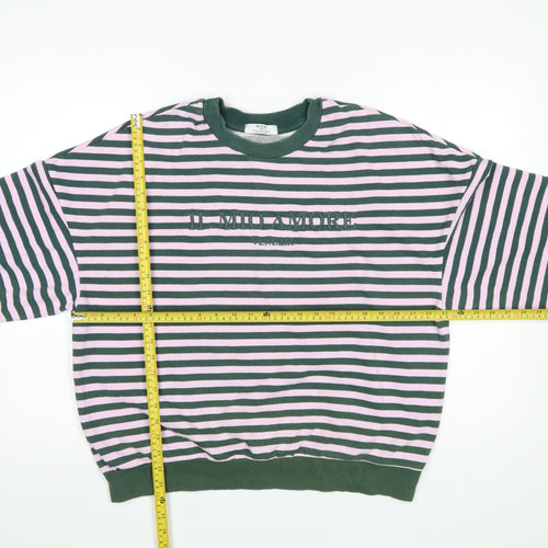 Bershka Women Green Pink Striped Pullover Sweatshirt Size M