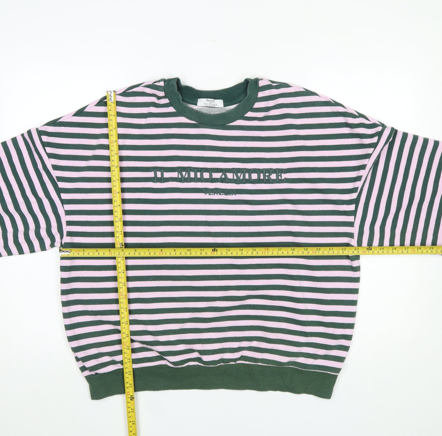 Bershka Women Green Pink Striped Pullover Sweatshirt Size M