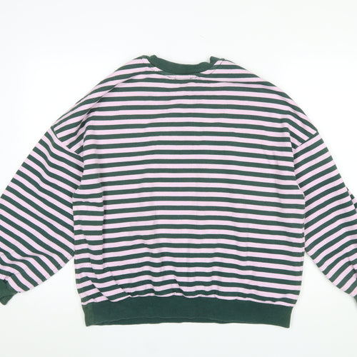 Bershka Women Green Pink Striped Pullover Sweatshirt Size M