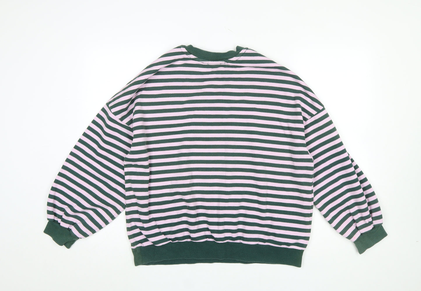 Bershka Women Green Pink Striped Pullover Sweatshirt Size M