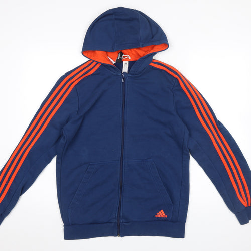 Adidas Boys Blue Full Zip Hoodie 15-16 Years Logo Stripe Design