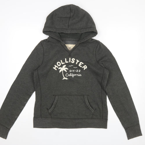 Hollister Women’s Charcoal Pullover Hoodie L Logo Print Cotton Blend