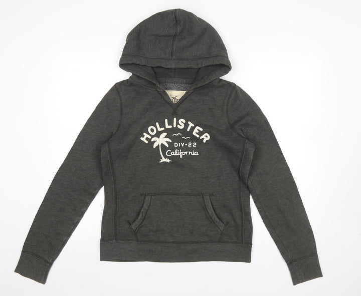 Hollister Women’s Charcoal Pullover Hoodie L Logo Print Cotton Blend