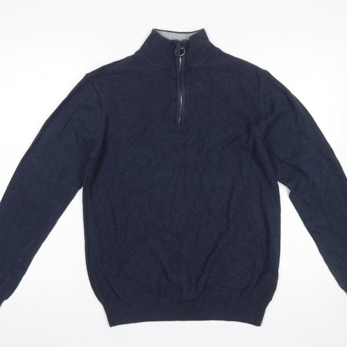 Haworth Men Blue Cotton 1/2 Zip High Neck Jumper Size S