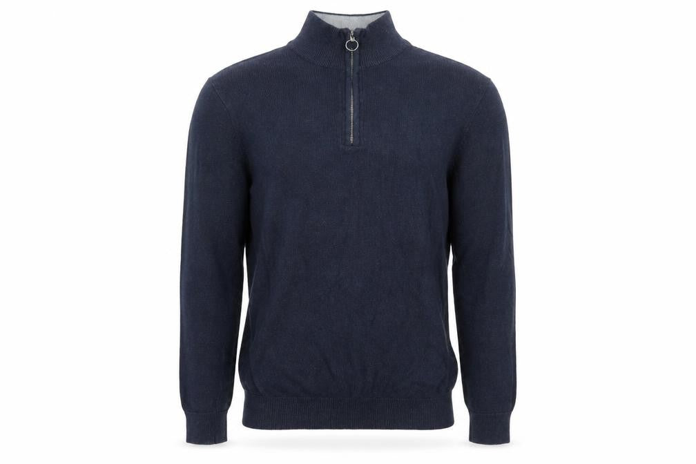 Front view of Haworth Men Blue Cotton 1/2 Zip High Neck Jumper, size S