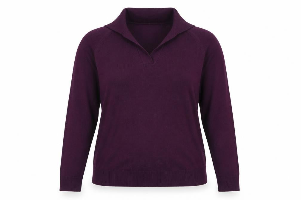 Front view of Heather Valley Women's Purple Wool Collared jumper, size 18