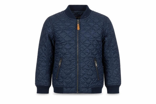 Front view of H&M boys’ blue quilted bomber jacket 6-7 years lightweight lined zip