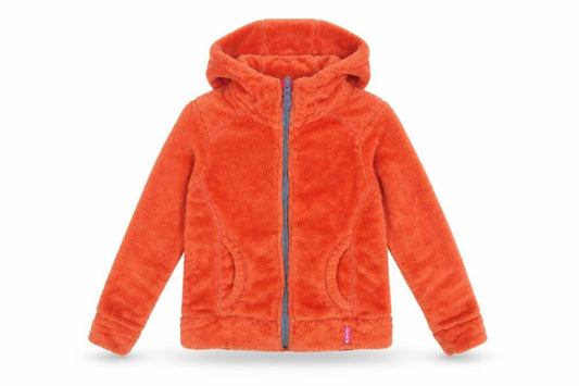 Front view of Quechua girls’ orange fleece hooded full zip jacket 6 years