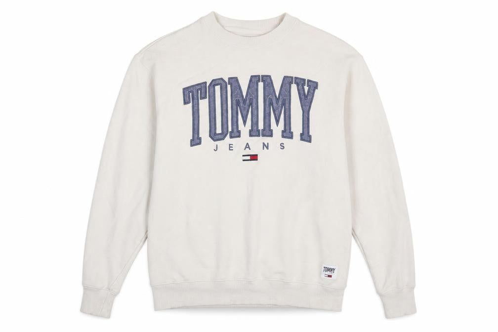 Front view of Tommy Jeans Men Beige Crew Neck Pullover Sweatshirt, size S