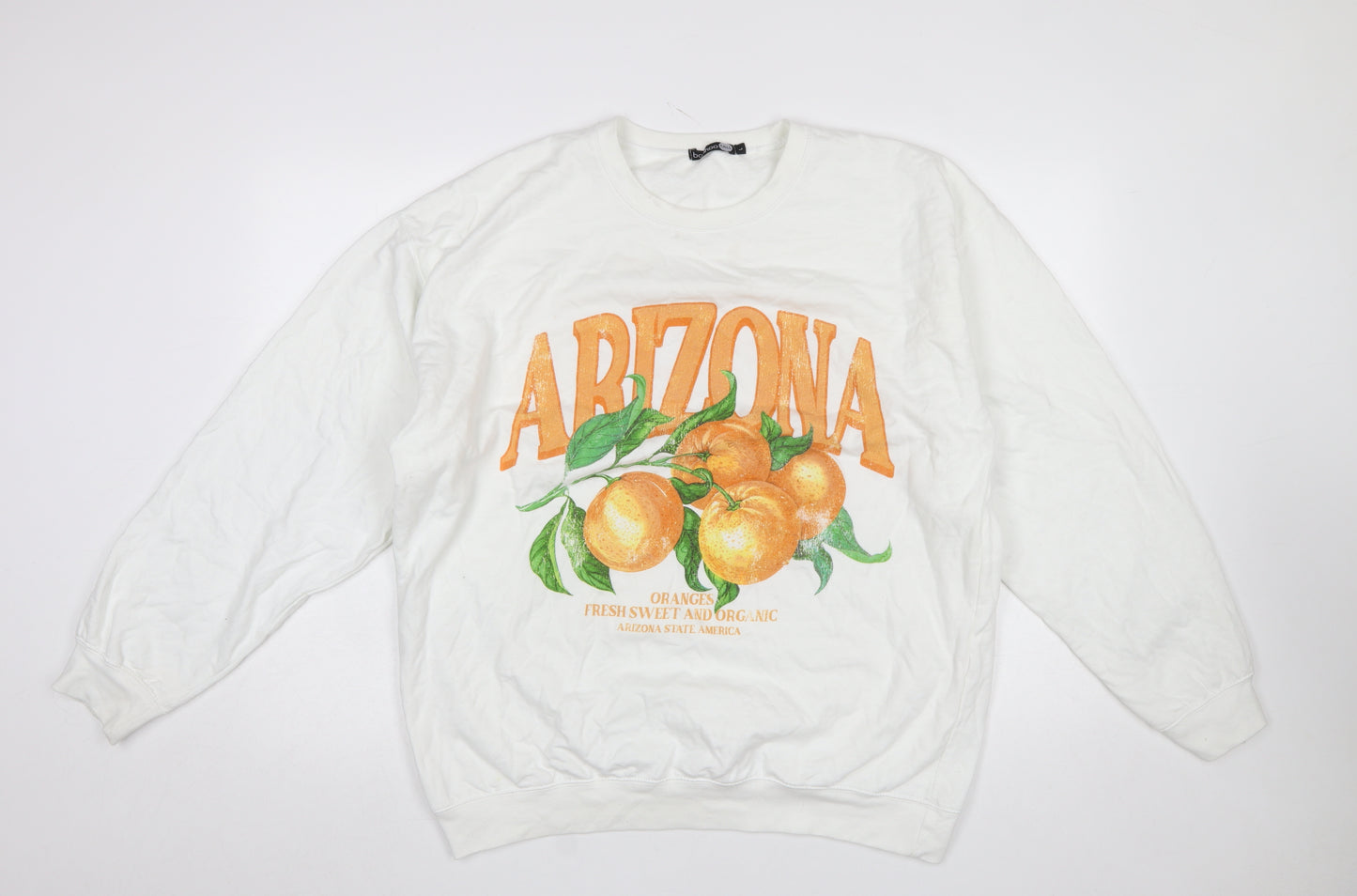 Boohoo Tall Womens White Arizona Orange Print Pullover Sweatshirt Size L
