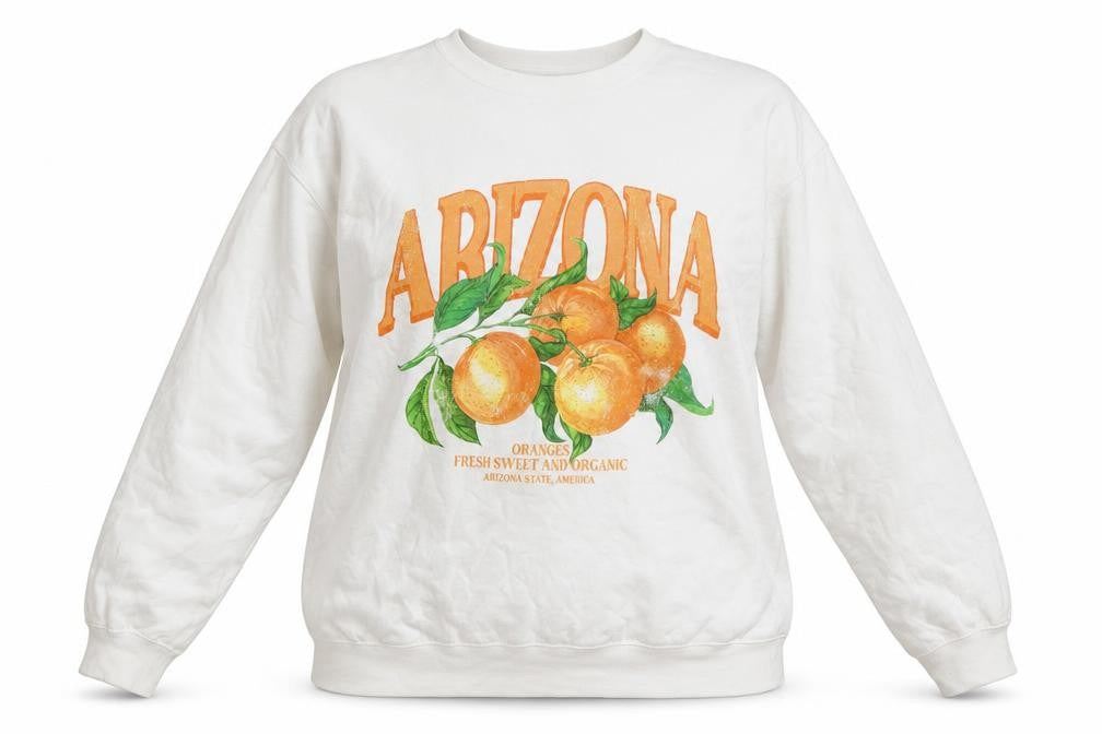 Front view of Boohoo Tall women’s white arizona orange print pullover sweatshirt, size L