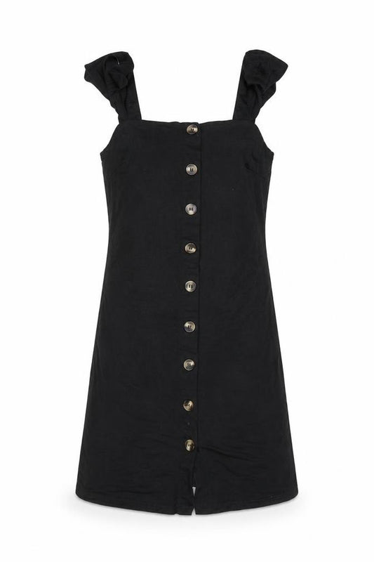 Front view of Oasis Women Black XS Button Front Sleeveless Short Pinafore Dress