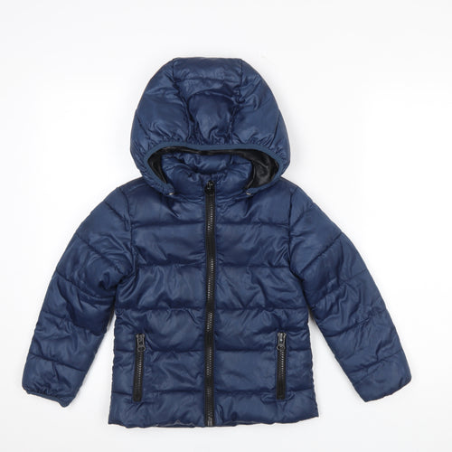 Mango Kids Boys Blue Hooded Puffer Jacket 5-6 Years Winter Polyester