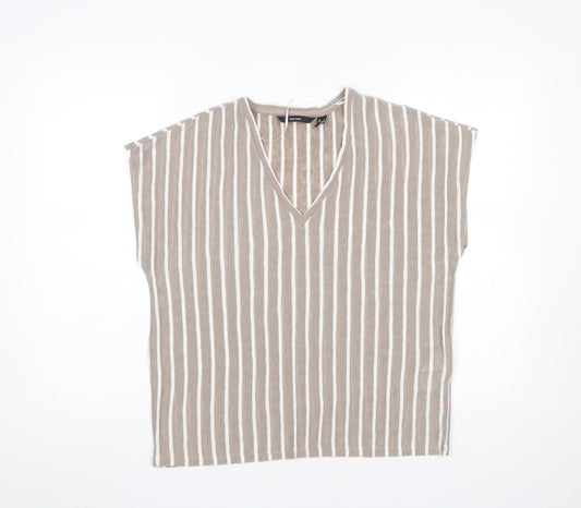 Vero Moda Women Beige Striped Sleeveless V-Neck Blouse Size L