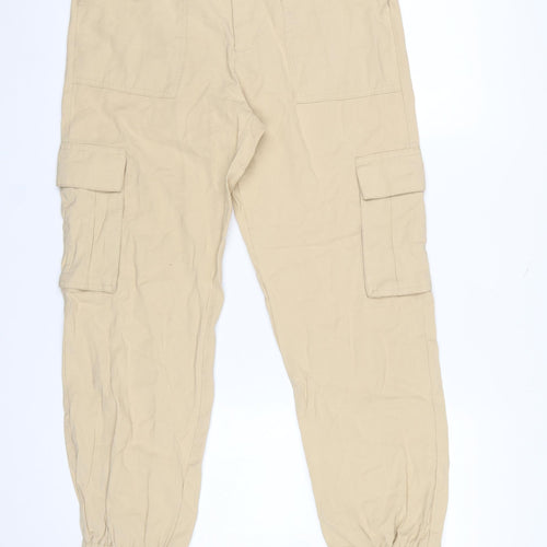 Zara Women Beige Cotton Cargo Trousers S Relaxed Fit Drawstring