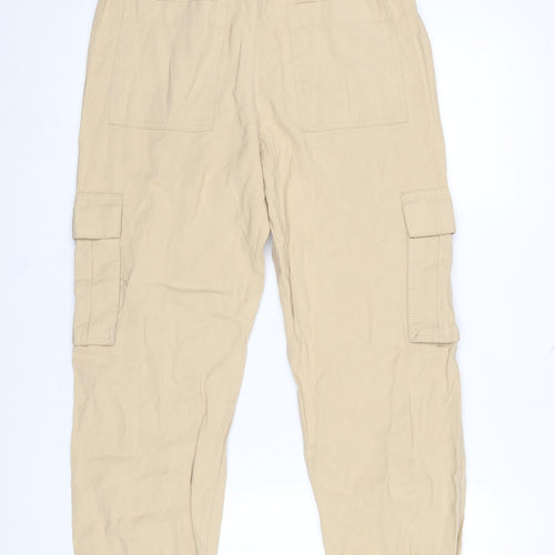 Zara Women Beige Cotton Cargo Trousers S Relaxed Fit Drawstring