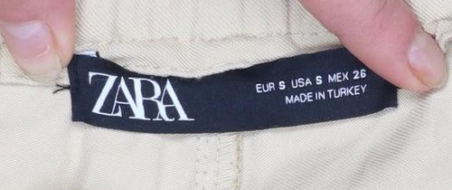 Zara Women Beige Cotton Cargo Trousers S Relaxed Fit Drawstring
