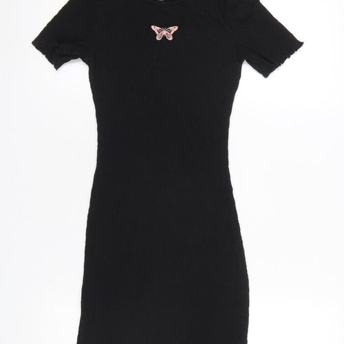H&M Women’s Black Butterfly Bodycon Short Sleeve Mini Dress XS