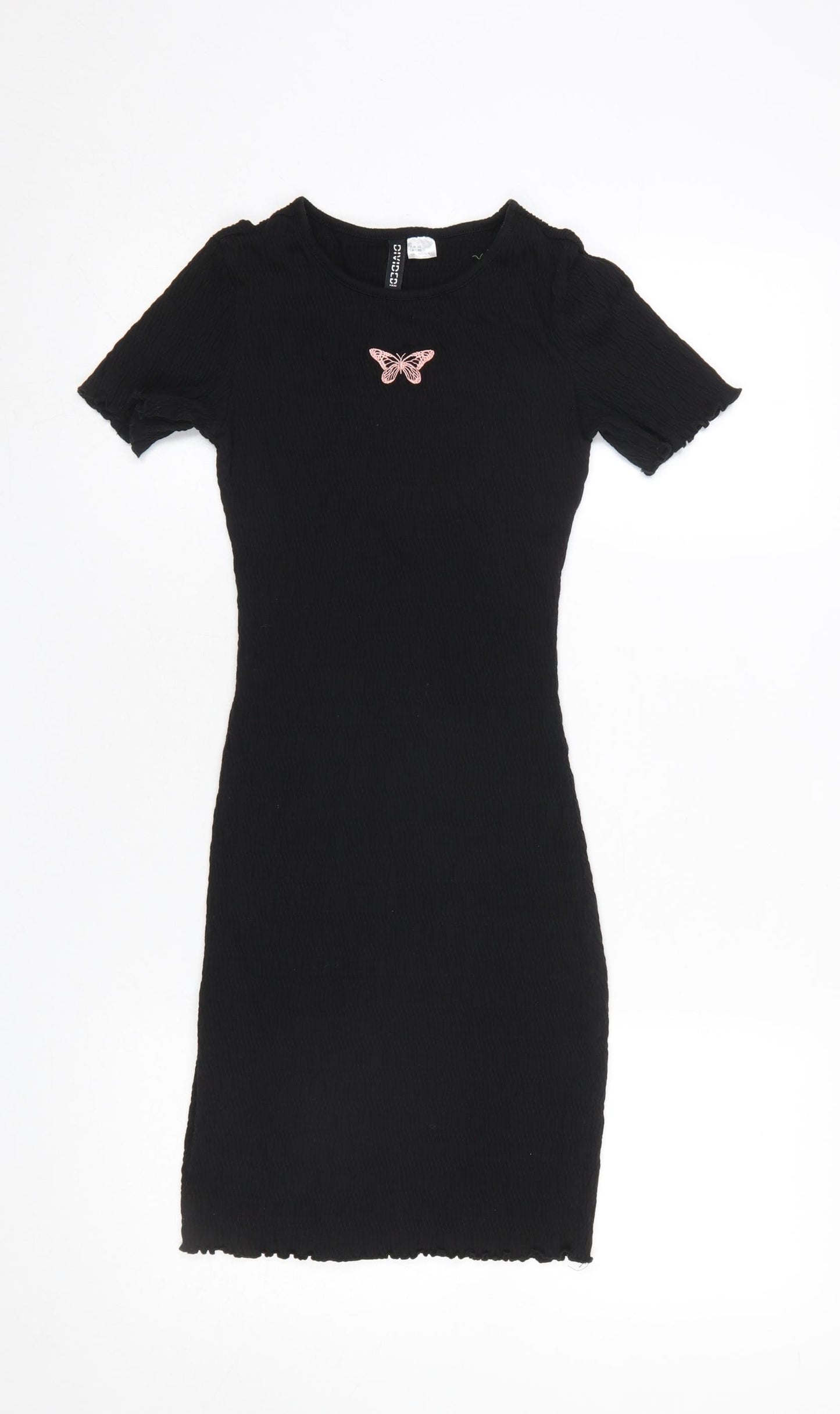 H&M Women’s Black Butterfly Bodycon Short Sleeve Mini Dress XS
