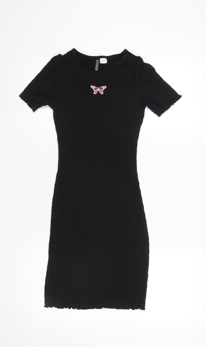 H&M Women’s Black Butterfly Bodycon Short Sleeve Mini Dress XS