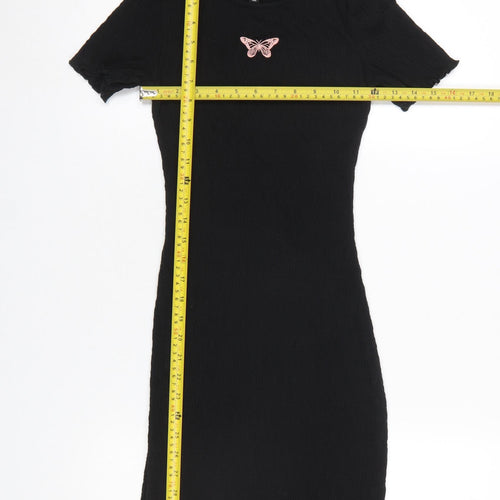 H&M Women’s Black Butterfly Bodycon Short Sleeve Mini Dress XS