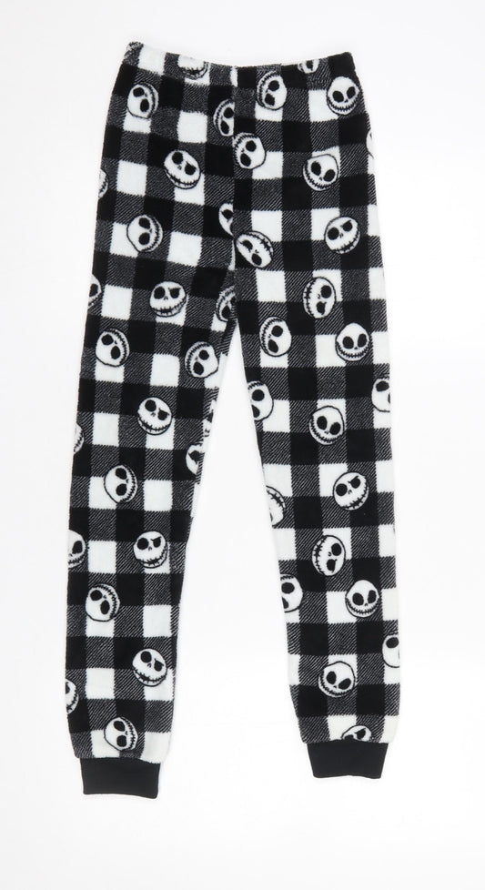 Primark Girls Black Check Jack Skellington Fleece Pyjama Pants 9-10 Years