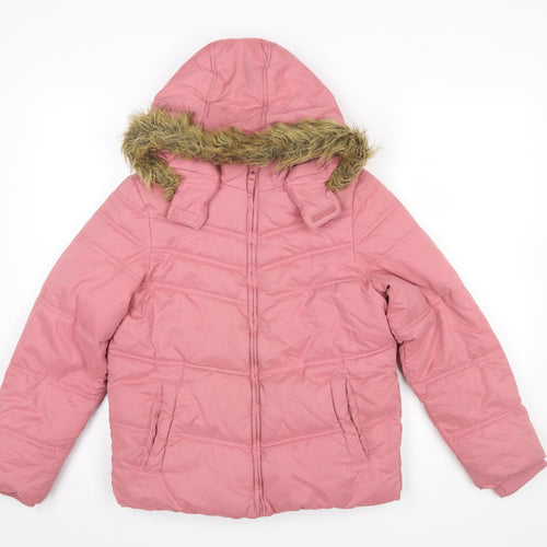 FatFace Girls Pink Faux Fur Hooded Puffer Jacket 12-13 Years Winter Coat
