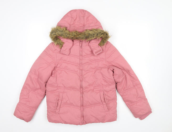 FatFace Girls Pink Faux Fur Hooded Puffer Jacket 12-13 Years Winter Coat