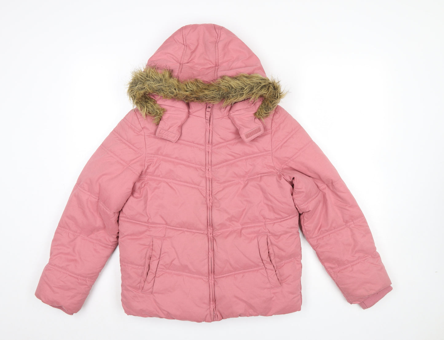 FatFace Girls Pink Faux Fur Hooded Puffer Jacket 12-13 Years Winter Coat