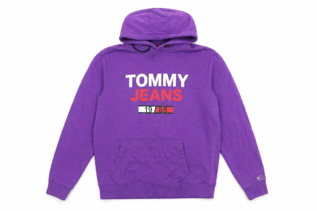 Front view of Tommy Jeans Men Purple Hoodie M Pullover Graphic Print Cotton