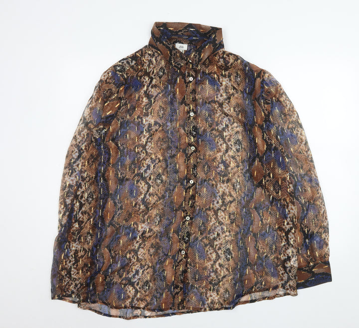 River Island Women Brown Animal Print Sheer Long Sleeve Blouse Size L