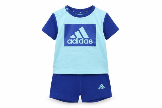Front view of Adidas unisex baby blue 6-9m cotton sports shorts set