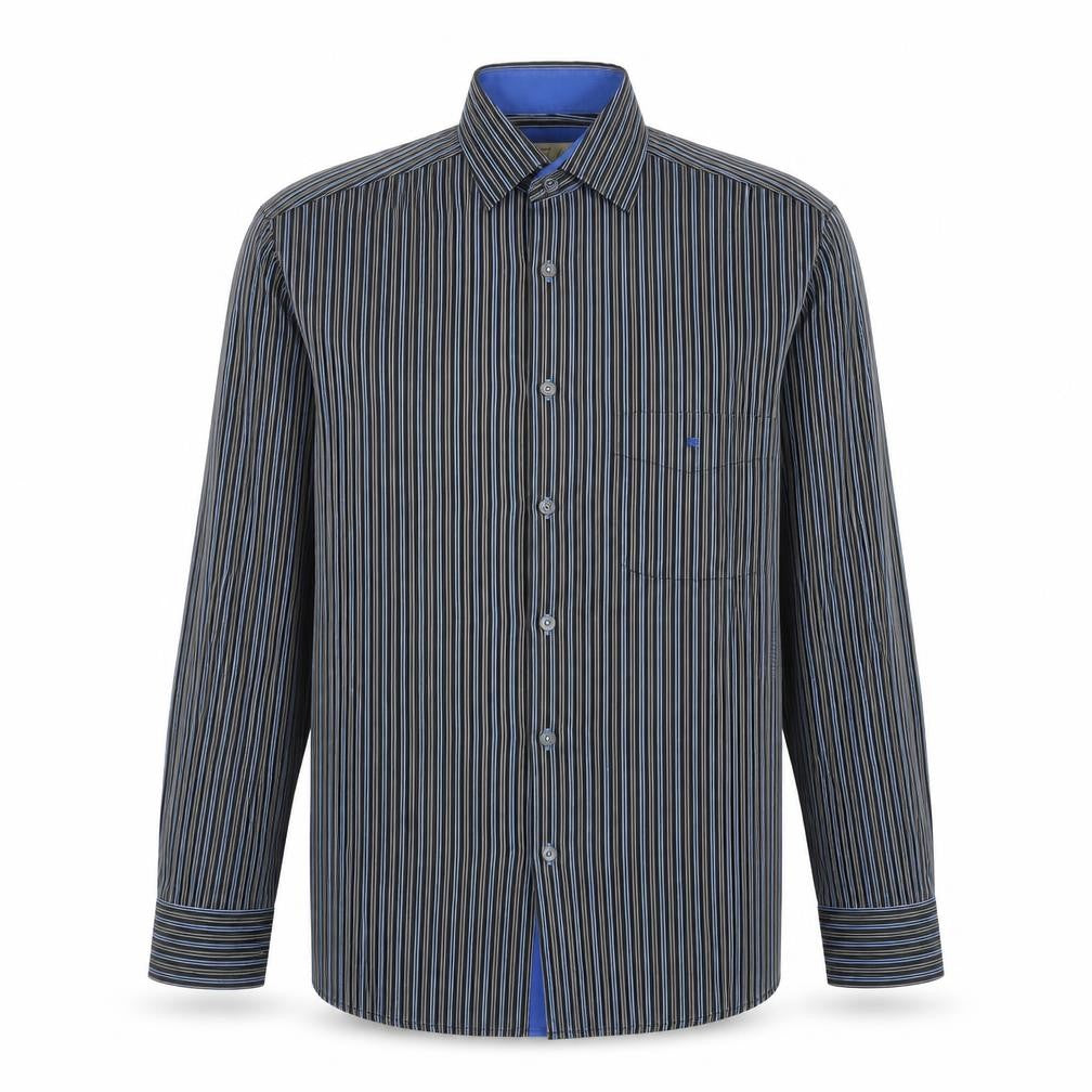 Front view of Daniel Grahame Men's Blue Striped Long Sleeve Button-Up Shirt, size M