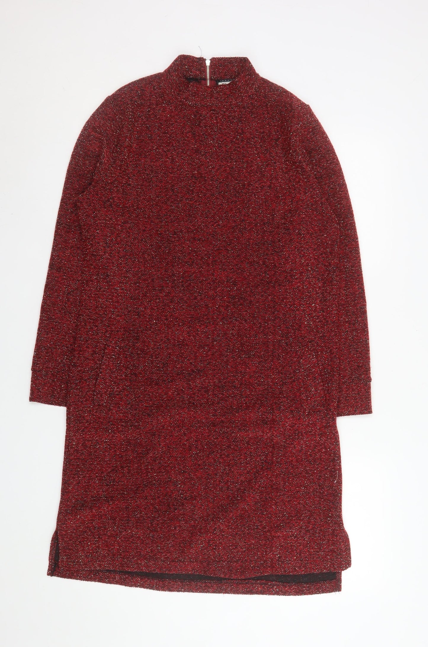 Paco Boutique Womens Red Knit Shift Dress Size 10 Long Sleeve Zip Back