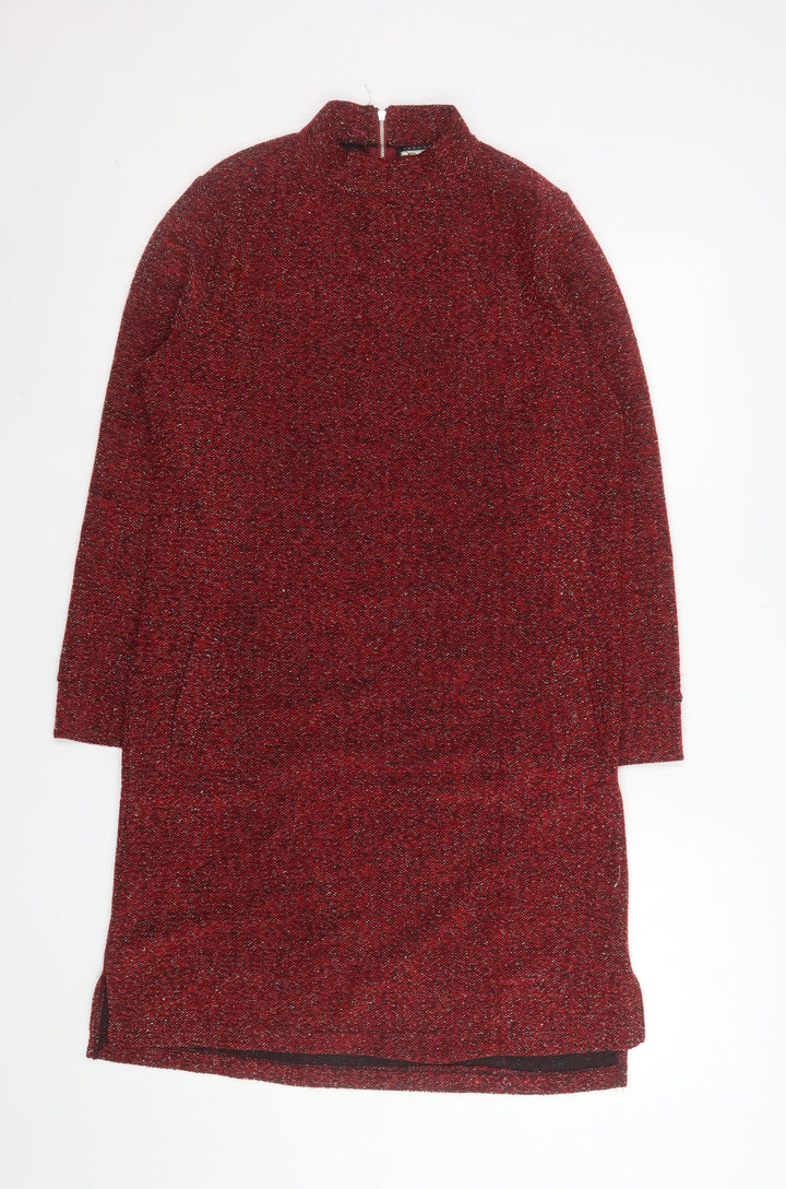 Paco Boutique Womens Red Knit Shift Dress Size 10 Long Sleeve Zip Back