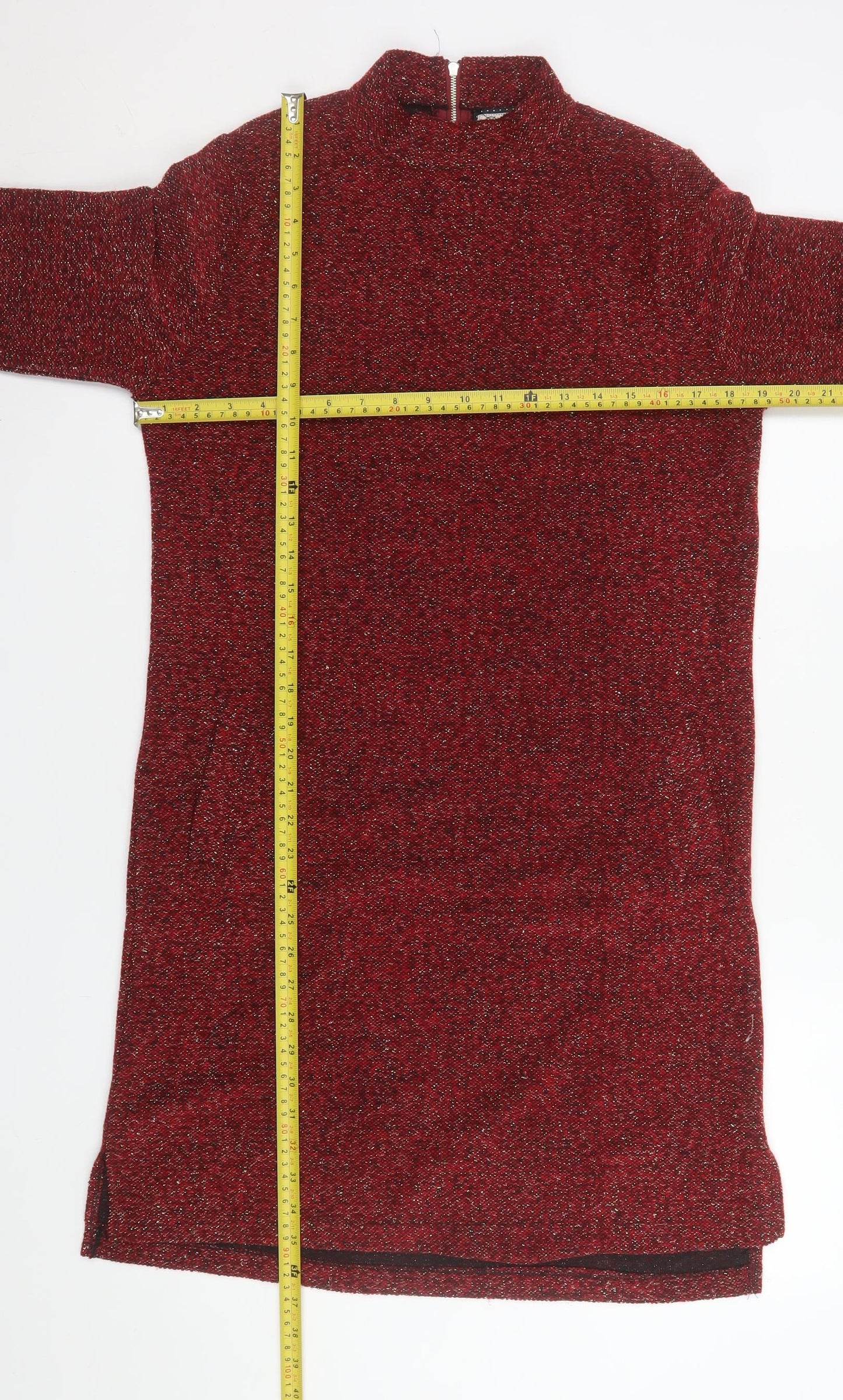 Paco Boutique Womens Red Knit Shift Dress Size 10 Long Sleeve Zip Back