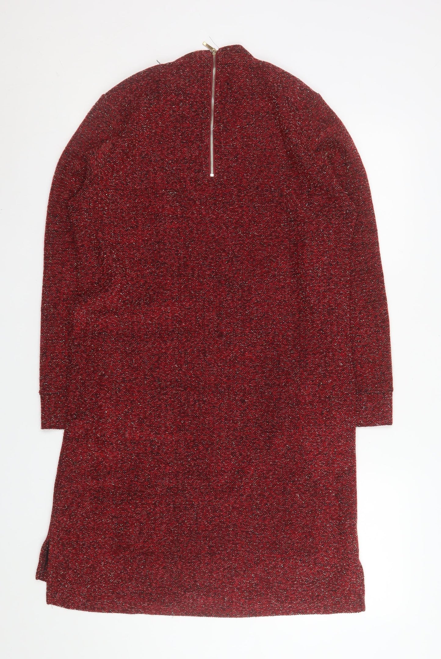 Paco Boutique Womens Red Knit Shift Dress Size 10 Long Sleeve Zip Back