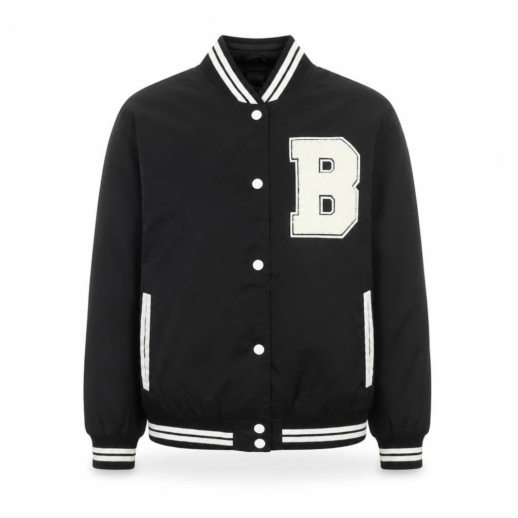 Front view of Primark women’s black xs varsity jacket with logo and striped trim