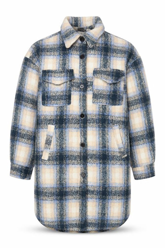 Front view of IVIVI Men's Blue Checked Mid-Length Flannel Jacket M