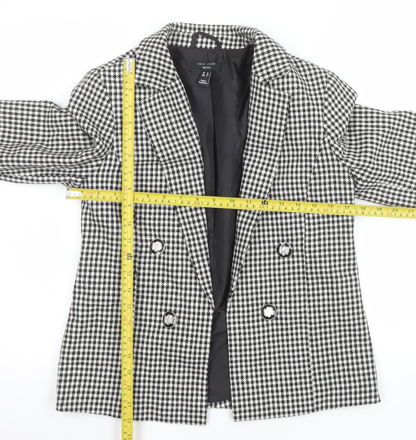 New Look Women Petite Black & White Houndstooth Double-Breasted Blazer UK 8