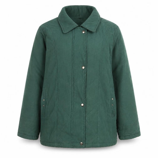 Front view of Finesse Women’s Green Quilted Mid-Length Jacket, size UK 14