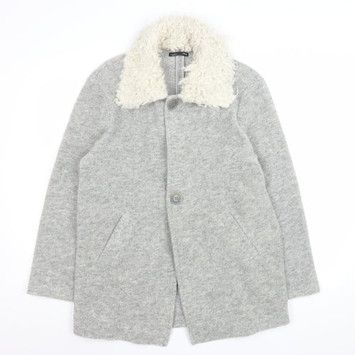 Zara Women Grey Wool Blend Fur Collar Mid-Length Coat Size S