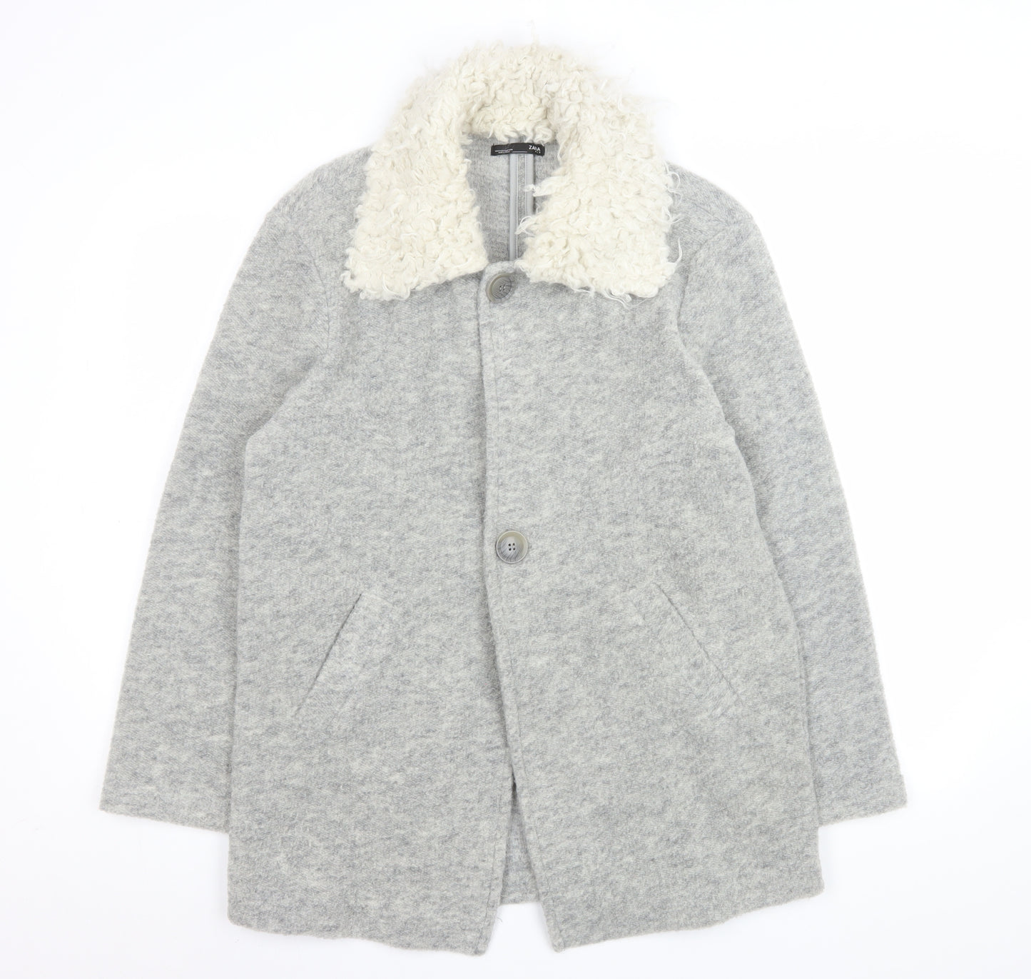 Zara Women Grey Wool Blend Fur Collar Mid-Length Coat Size S