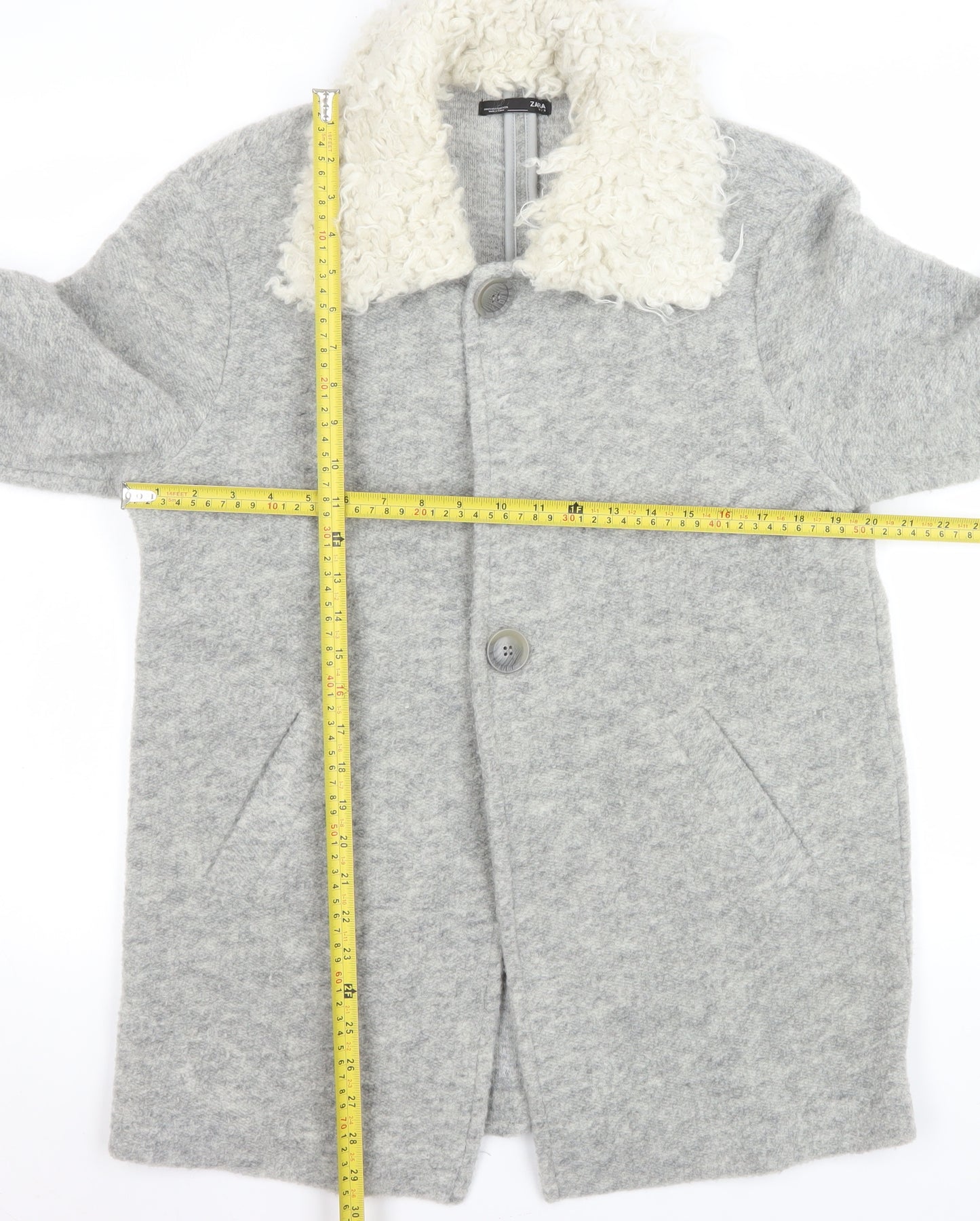 Zara Women Grey Wool Blend Fur Collar Mid-Length Coat Size S