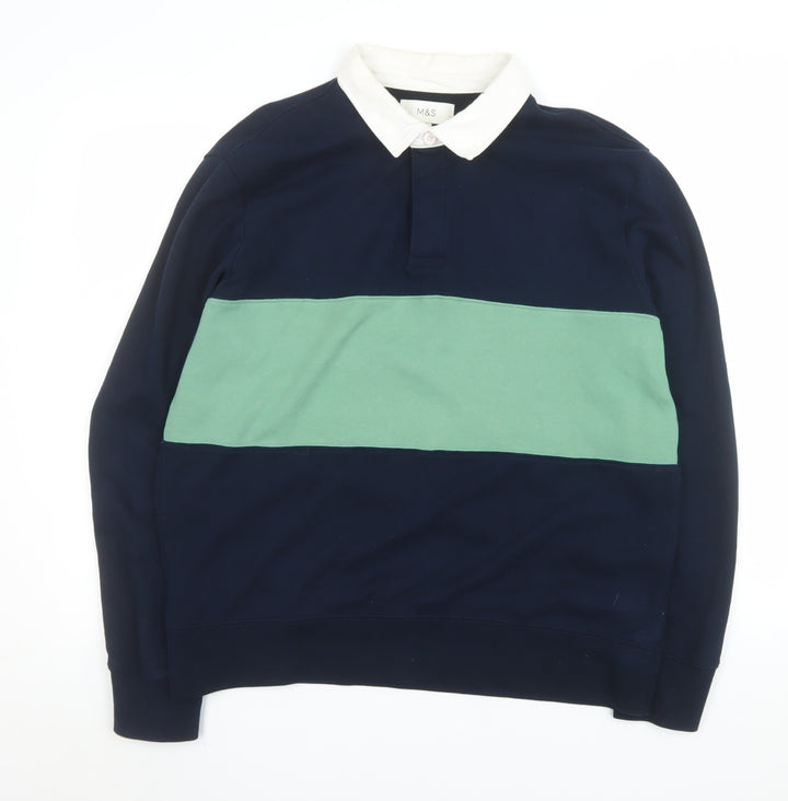 Marks and Spencer Men's Blue Collared Stripe Sweatshirt L Regular